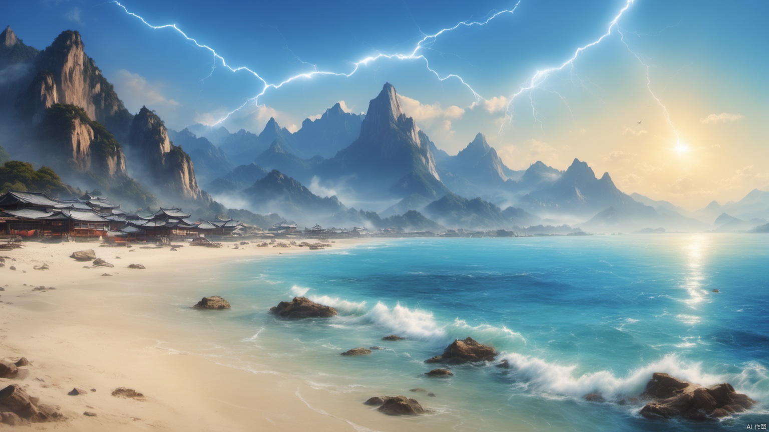  (sea 1.9),
(Jet hole blue flame and lightning 1.0),
(Adequate sunlight 1.5),
(Optical materials 1.0),
(Water in glass materials 1.5),
(beach 1.9),
(wonderland 1.9),
Overlooking,,(sea 1.9),,Representative,boutique, Ultra HD, 
, reflection, masterpiece, true light and shadow, wide Angle, outdoors, sky, day,
, blue sky, (no humans 99.9),nature, scenery, Water, beach, 
 (High Quality), Best Quality, (4K), 8K, Super Detail, (Full Detail), (Masterpiece), (Realistic), Super Detail, (Exquisite Detail), Intricate, Traditional Chinese Ink Painting,Mountain peaks, blue sky, flowing water,Wild goose, Scenery, SDXL, lightning