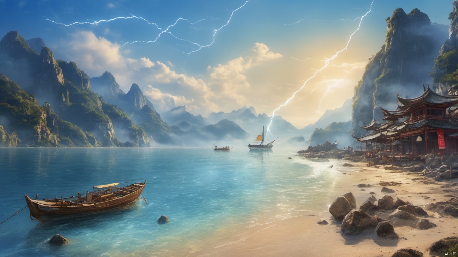  (sea 1.9),
(Jet hole blue flame and lightning 1.0),
(Adequate sunlight 1.5),
(Optical materials 1.0),
(Water in glass materials 1.5),
(beach 1.9),
(wonderland 1.9),
Overlooking,,(sea 1.9),,Representative,boutique, Ultra HD, 
, reflection, masterpiece, true light and shadow, wide Angle, outdoors, sky, day,
, blue sky, (no humans 99.9),nature, scenery, Water, beach, 
 (High Quality), Best Quality, (4K), 8K, Super Detail, (Full Detail), (Masterpiece), (Realistic), Super Detail, (Exquisite Detail), Intricate, Traditional Chinese Ink Painting,Mountain peaks, blue sky, flowing water,Wild goose, Scenery, SDXL, lightning