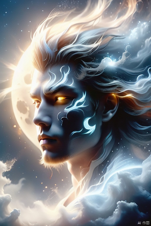 wabstyle, glowing, two-tone hair, glowing eyes, fog, mist, white, black, split theme, two-tone, (muscular:1.5), sun, moon, 1boy, solo, (photorealistic:1.4), cowboy shot, zwd zhongfenghua,  md, Surrealism, Futurism, god rays, Sony FE GM, UHD, masterpiece, ccurate, high details, high quality, highres, 16k, glow