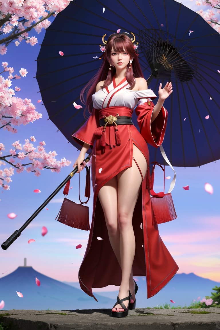 ((HRD, HUD, 8K)),((masterpiece, best quality)), highly detailed,1girl, yae miko, umbrella, long hair, solo, breasts, pink hair, low-tied long hair, petals, japanese clothes, full body, hair ornament, detached sleeves, oil-paper umbrella, bare legs, holding, purple eyes, holding umbrella, sandals, wide sleeves, looking at viewer, jewelry, large breasts, very long hair, torii, animal ears, bangs, fox ears, nontraditional miko, legs, cherry blossoms, earrings, standing, falling petals, bare shoulders,  <lora:20240315-1710510343817:0.8>