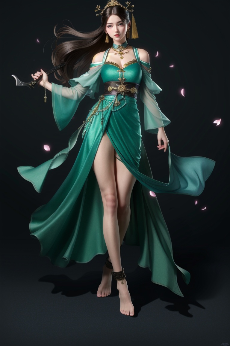 ((HRD, HUD, 8K)),((masterpiece, best quality)), highly detailed,1girl, weapon, sword, long hair, anklet, solo, barefoot, petals, jewelry, brown hair, dress, holding, full body, hair ornament, holding weapon, chinese clothes, bare shoulders, holding sword, black hair, <lora:20240315-1710510343817:0.9>