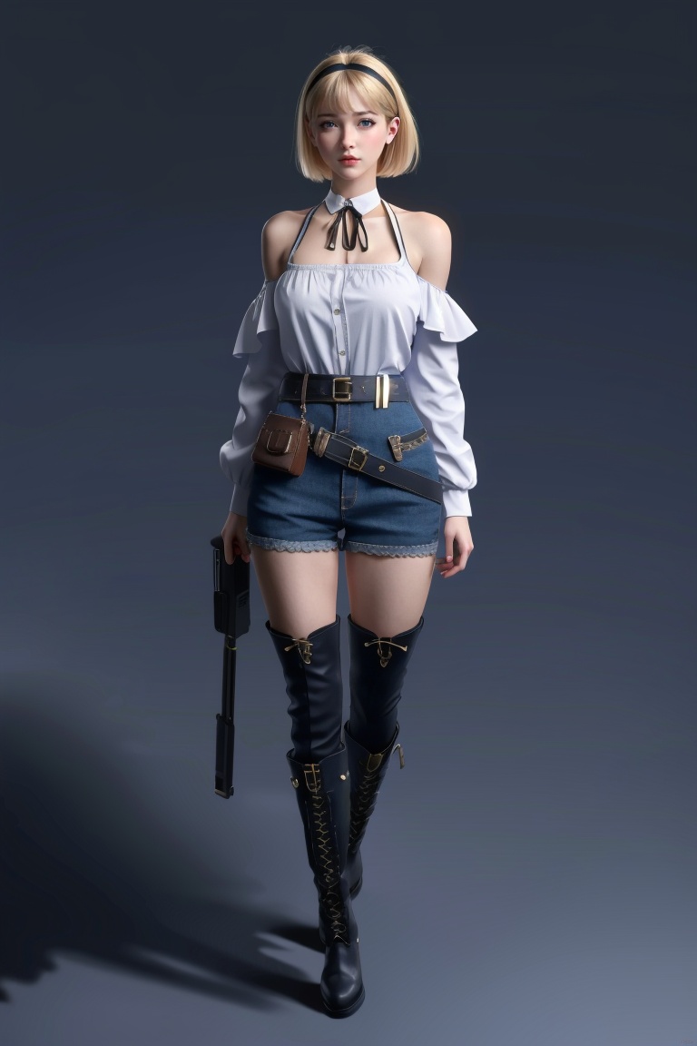 ((HRD, HUD, 8K)),((masterpiece, best quality)), highly detailed, 1girl, solo, boots, blonde hair, shorts, blue eyes, short hair, camera, full body, hairband, holding, gun, weapon, cross-laced footwear, belt, knee boots, jacket, black footwear, off shoulder, standing, lace-up boots, looking at viewer, grey background, hair ornament, breasts, thigh strap, high heel boots, hairclip, shirt, bare shoulders, high heels, lips, simple background, <lora:20240315-1710510343817:0.9>