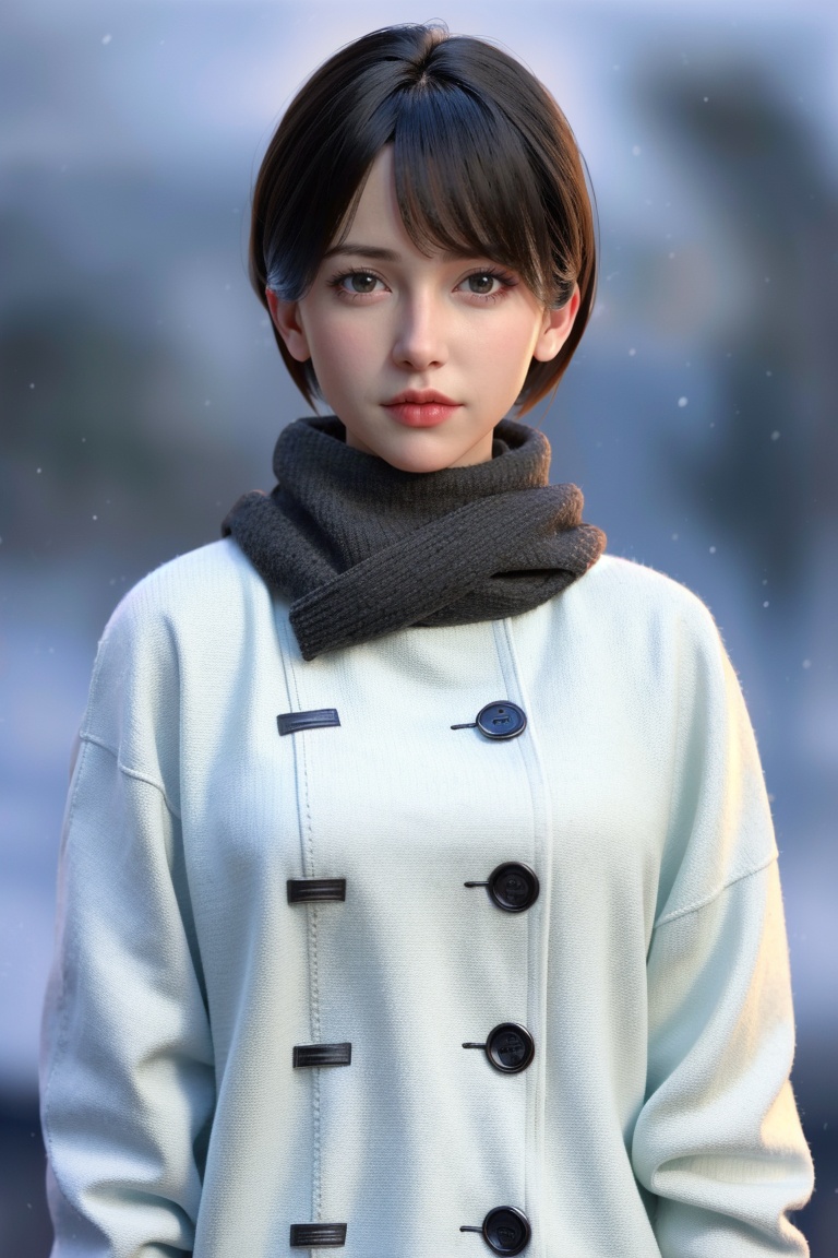 ((HRD, HUD, 8K)),((masterpiece, best quality)), highly detailed,1girl, solo, scarf, realistic, coat, black hair, looking at viewer, red scarf, lips, black eyes, short hair, winter clothes, nose, bangs, long sleeves, sweater, swept bangs, winter coa, white background, upper body,  <lora:20240315-1710510343817:0.8>
