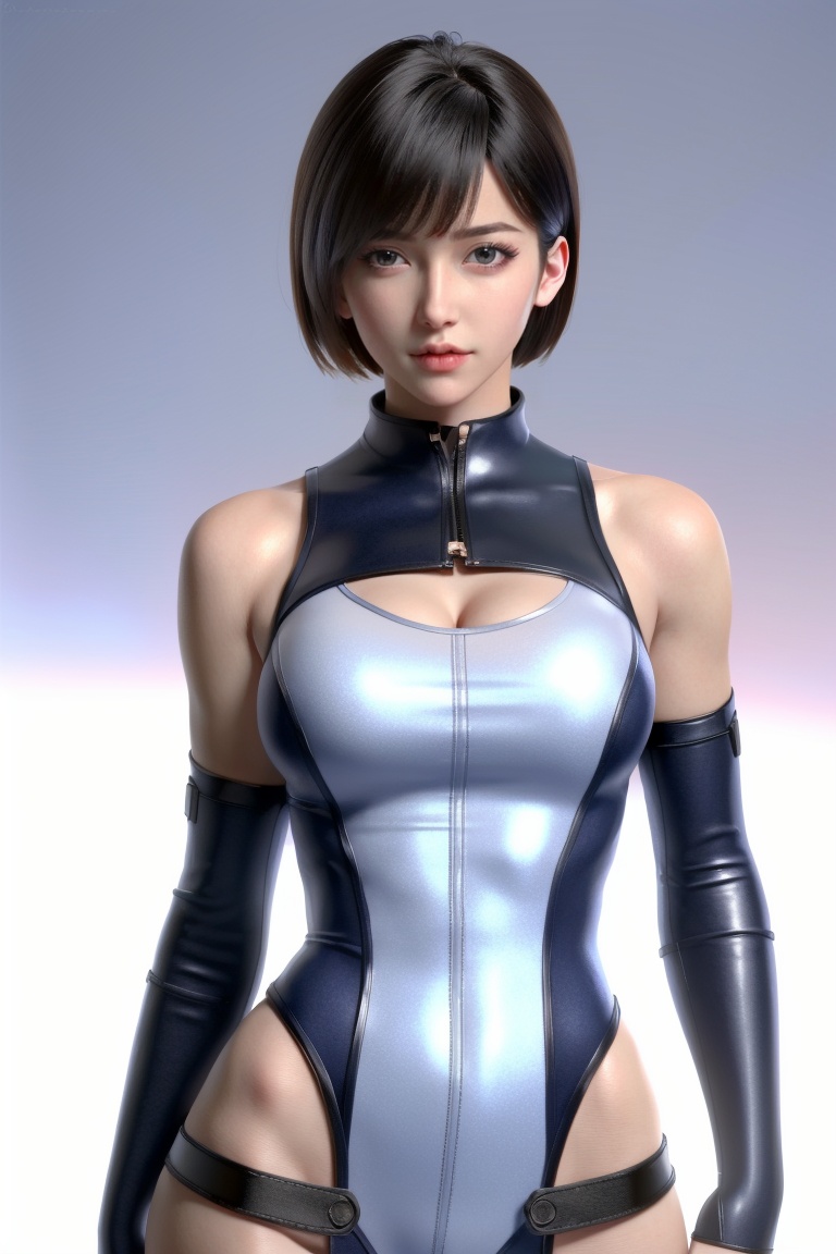 ((HRD, HUD, 8K)),((masterpiece, best quality)), highly detailed,1girl, solo, fingerless gloves, short hair, black hair, brown eyes, breasts, lips, looking at viewer, leotard, medium breasts, white background,  <lora:20240315-1710510343817:0.9>