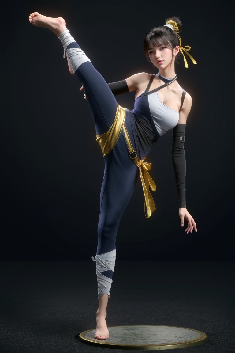 ((HRD, HUD, 8K)),((masterpiece, best quality)), highly detailed,1girl, solo, barefoot, black hair, hair bun, standing, standing on one leg, full body, bandages, leggings, chinese clothes, ribbon, hair ribbon, bandaged arm, single hair bun, toes, pants, leg up,  <lora:20240315-1710510343817:0.9>