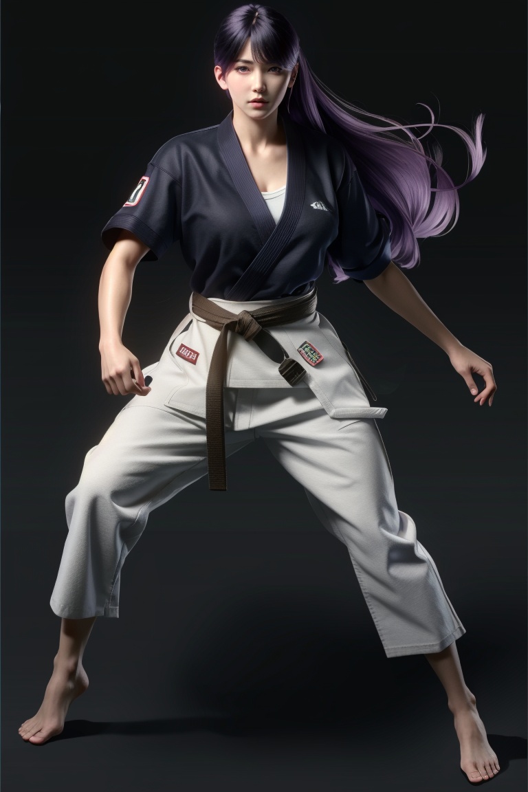 ((HRD, HUD, 8K)),((masterpiece, best quality)), highly detailed,1girl, dougi, martial arts belt, solo, bandages, long hair, purple hair, belt, full body, barefoot, fighting stance, ankle wrap, lips, black belt, bandaged arm, standing, black background, simple background, bandaged hand, purple eyes, looking at viewer, watermark, nose, bandaged leg, realistic, <lora:20240315-1710510343817:0.9>