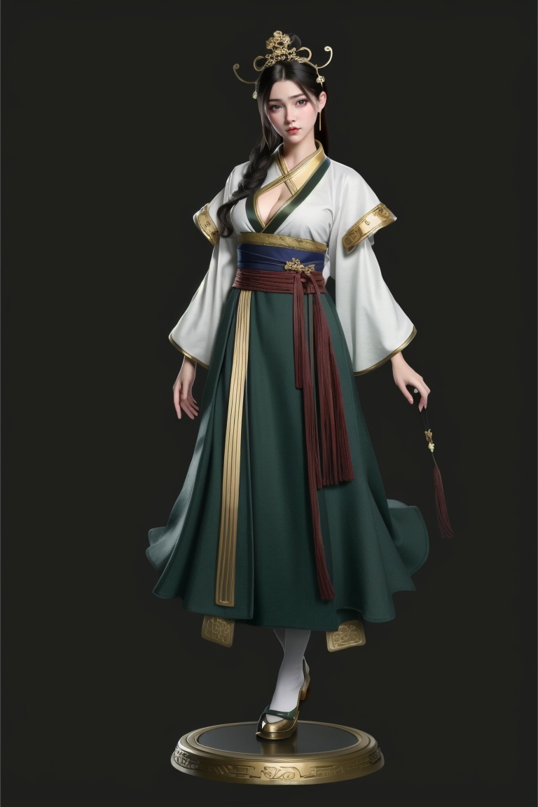 ((HRD, HUD, 8K)),((masterpiece, best quality)), highly detailed,1girl, solo, hanfu, black hair, chinese clothes, full body, long hair, long sleeves, dress, hair ornament, black background, standing, wide sleeves, breasts, cleavage, simple background,  <lora:20240315-1710510343817:0.9>