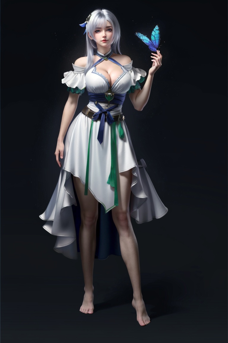 ((HRD, HUD, 8K)),((masterpiece, best quality)), highly detailed,1girl, breasts, bug, butterfly, solo, full body, long hair, barefoot, white hair, dress, large breasts, standing, cleavage, <lora:20240315-1710510343817:0.9>