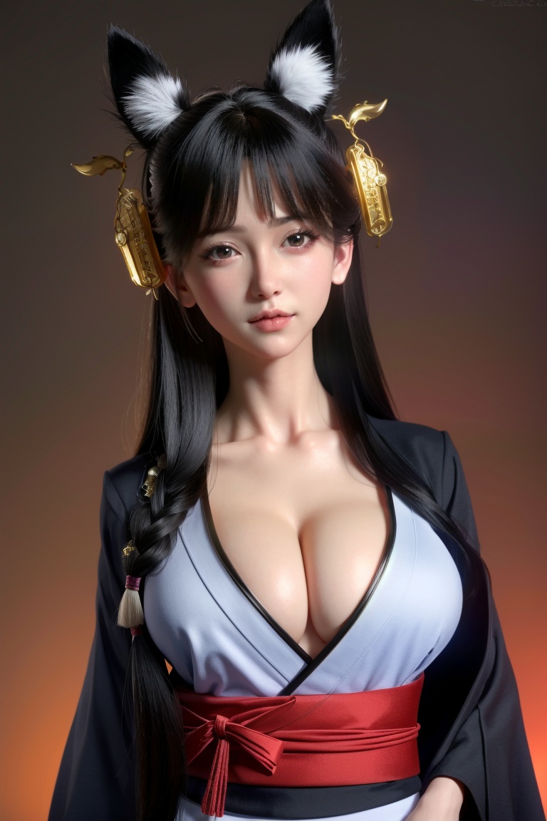 ((HRD, HUD, 8K)),((masterpiece, best quality)), highly detailed,1girl, solo, japanese clothes, kimono, mask, breasts, black hair, cleavage, black kimono, fox mask, tabi, long hair, large breasts,  <lora:20240315-1710510343817:0.9>
