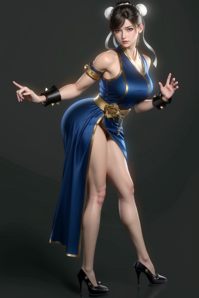 ((HRD, HUD, 8K)),((masterpiece, best quality)), highly detailed,1girl, chun-li, solo, double bun, dress, high heels, hair bun, jewelry, bracelet, brown hair, full body, spikes, black footwear, looking at viewer, breasts, brown eyes, chinese clothes, spiked bracelet, side slit, lips, china dress, short hair, sleeveless, medium breasts, bun cover, makeup, pelvic curtain, simple background, <lora:20240315-1710510343817:0.9>