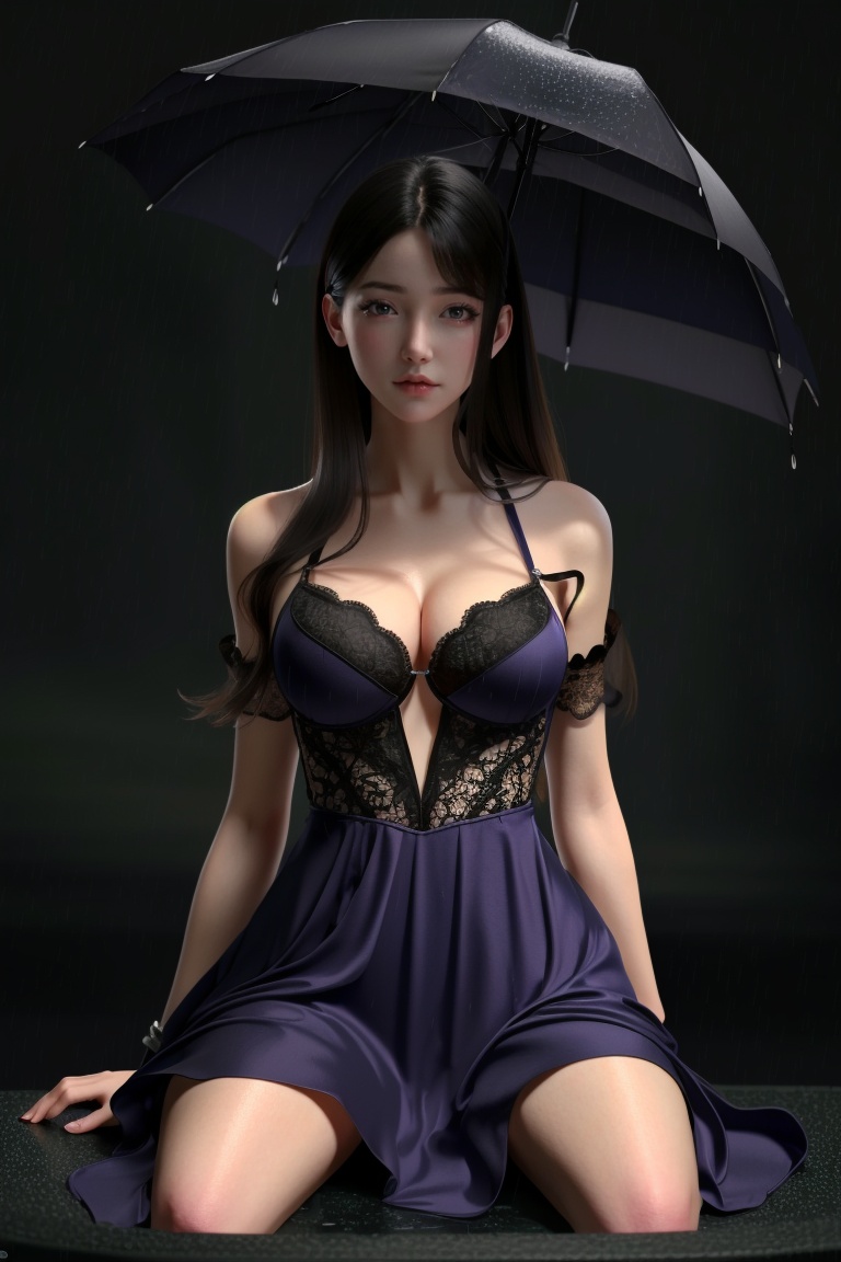 ((HRD, HUD, 8K)),((masterpiece, best quality)), highly detailed,1girl, black hair, dress, solo, long hair, rain, purple dress, sitting, breasts, black background, cleavage, bra, looking at viewer, <lora:20240315-1710510343817:0.9>