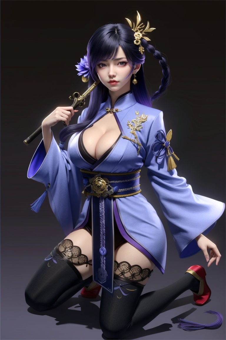 ((HRD, HUD, 8K)),((masterpiece, best quality)), highly detailed,1girl, breasts, raiden shogun, purple hair, sword, weapon, human scabbard, thighhighs, long hair, solo, japanese clothes, purple eyes, musou isshin (genshin impact), hair ornament, large breasts, holding sword, holding weapon, kimono, holding, looking at viewer, kneeling, cleavage, sash, braid, bangs, obi, mole, wide sleeves, tassel, mole under eye, tomoe (symbol), mitsudomoe (shape), simple background, full body, flower, purple nails, bridal gauntlets, long sleeves, black thighhighs, ribbon, very long hair, closed mouth, obijime, electricity,  <lora:20240315-1710510343817:0.9>