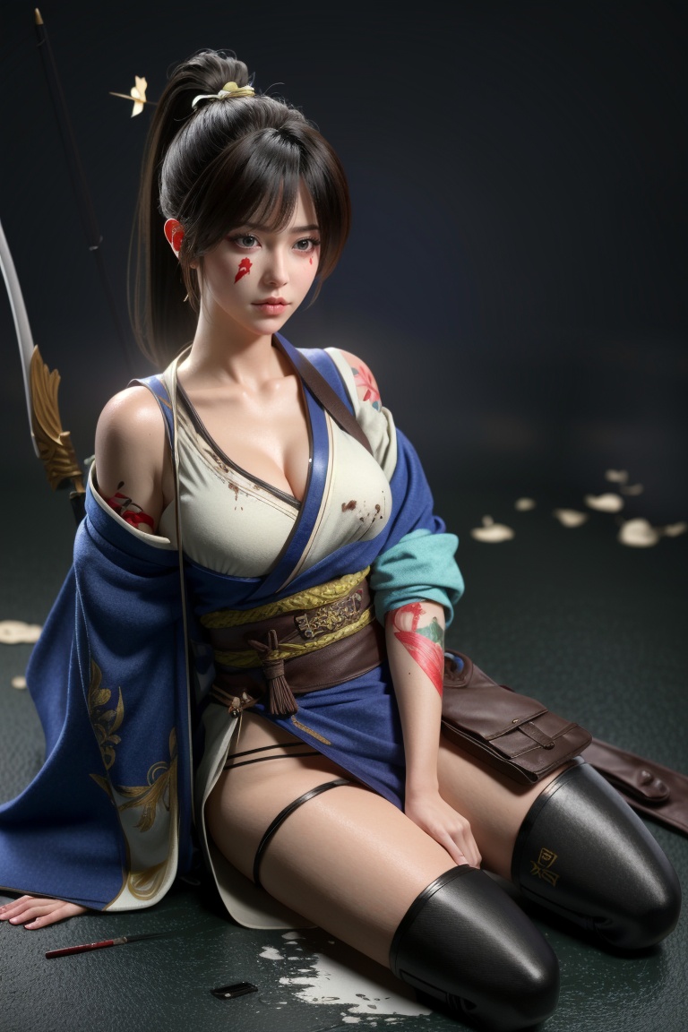 ((HRD, HUD, 8K)),((masterpiece, best quality)), highly detailed,1girl, genderswap (mtf), genderswap, solo, breasts, long hair, tattoo, thighhighs, ponytail, quiver, sarashi, hadanugi dousa, ribbon, blood, torn clothes, brown hair, sitting, japanese clothes, arrow (projectile), hair ribbon, black panties, yokozuwari, looking at viewer, medium breasts, panties, underwear, injury, torn thighhighs, kimono, brown eyes, weapon, open kimono, yellow ribbon, belt, black thighhighs, arm tattoo, open clothes, boots, asymmetrical clothes, blood on face, lips, nose, full body, pouch, collarbone, armored boots, single glove, bow (weapon), bandages, high ponytail, hair tie,  <lora:20240315-1710510343817:0.9>
