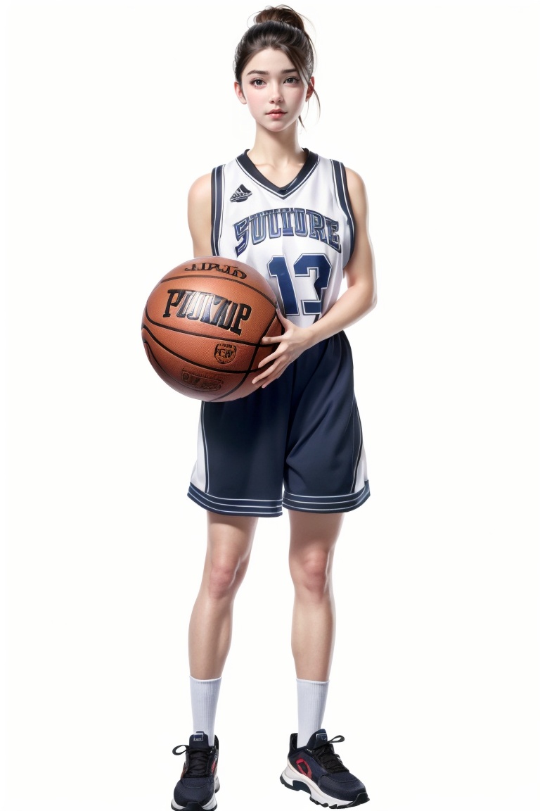 ((HRD, HUD, 8K)),((masterpiece, best quality)), highly detailed,1girl, basketball uniform, solo, sportswear, sneakers, shoes, full body, socks, brown hair, brown eyes, standing, jersey, black hair, short hair, white background,  <lora:20240315-1710510343817:0.9>