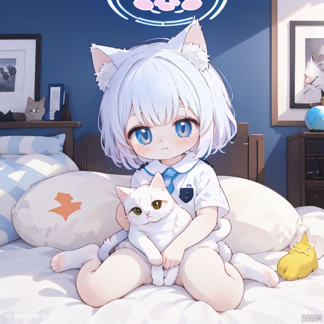 child, cat_ears, cat_tail, arona \(blue archive\), cute, masterpiece, best quality