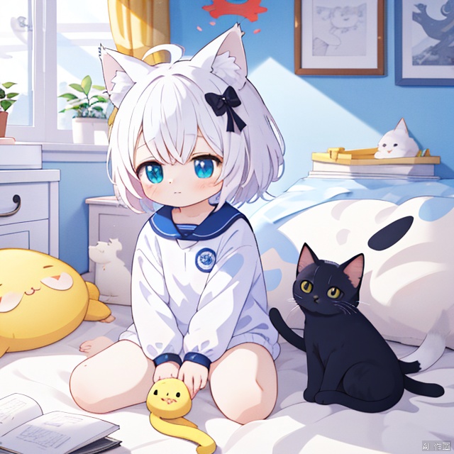 child, cat_ears, cat_tail, arona \(blue archive\), cute, masterpiece, best quality
