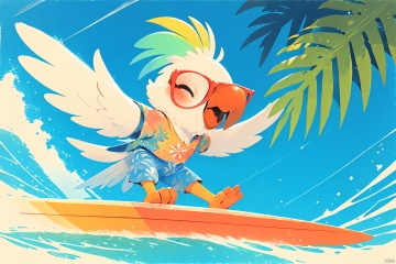  Cockatiel\(IP\), masterpiece, best qualit, surfing, bird, cloud, sky, sunglasses, palm, coconut, holding the coconut, smile, close eyes, colorful crown, beak, sea wave, surfboard, 