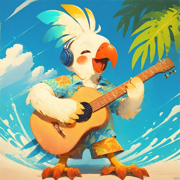  Cockatiel\(IP\), masterpiece, best qualit, headset, guitar,  bird, cloud, sky, palm, smile, close eyes, colorful crown, beak, sea wave, 