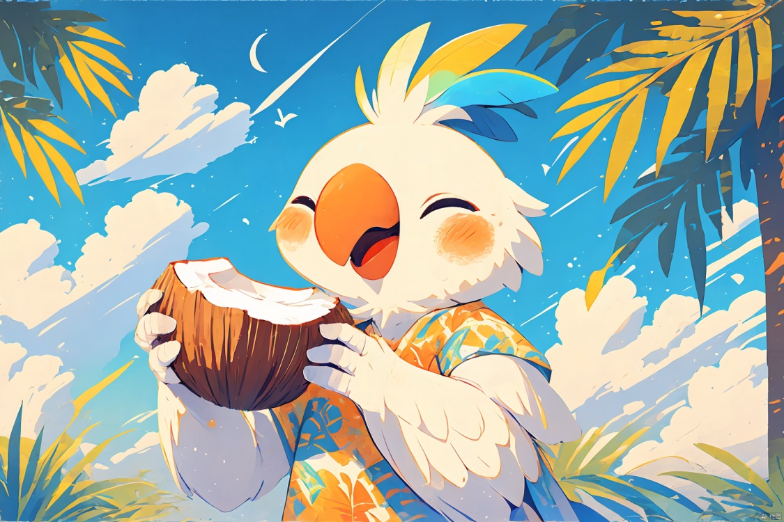  Cockatiel\(IP\), masterpiece, best qualit, cloud, sky, palm, coconut, holding the coconut, smile, close eyes, colorful crown, beak, , cozy animation scenes