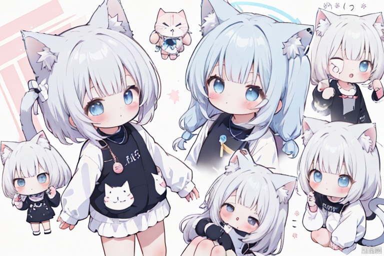 1girl ,chibi, child, cat_ears, cat_tail, arona \(blue archive\), cute, masterpiece, best quality