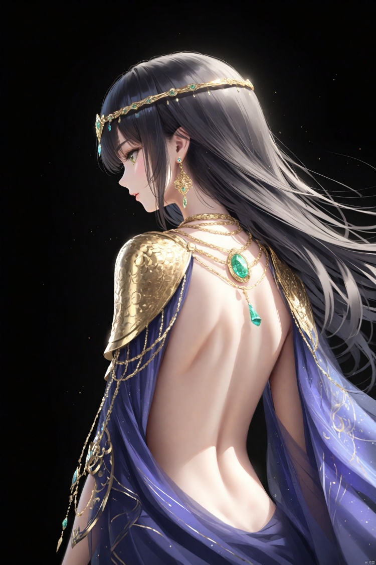 (masterpiece),(best quality),illustration,ultra detailed,hdr,Depth of field,(colorful),wlop,Thick Painting Style,1girl,solo,black_hair,long_hair,jewelry,from_behind,earrings,upper_body,back,green_eyes,shoulder_armor,gem,black_background,necklace,simple_background,pauldrons,profile,gold_chain,circlet,bare_back<lora:EMS-300688-EMS:0.200000>, <lora:EMS-301024-EMS:0.100000>, <lora:EMS-311400-EMS:0.400000>, <lora:EMS-312802-EMS:0.200000>, <lora:EMS-266888-EMS:0.200000>, <lora:EMS-288516-EMS:0.100000>