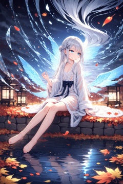 (masterpiece),(best quality),illustration,ultra detailed,hdr,Depth of field,(colorful),loli,(a girl), 8 years old, (((((solo))))), dark, dark, dark, (((night))), (((autumn))), lantern, hairpin, wind, (flying petal:1.5), Dieffenbachia seguine Schott, maple, ((Falling Maple Leaves)), ((Tyndall effect)), sprinkle, Beautiful detailed water surface, Water Reflection, detailed water, ripple, fog, sitting, Tulle bathrobe, Wet clothing, The water reflects the starry sky, female focus, lovely face, extremely delicate and beautiful girls, blue eyes, diamond and glaring eyes, beautiful detailed glow, lateral view, 1 gir, straight hair, silver hair, cleavage, braid, Slender waist, small breast, barefoot<lora:EMS-266888-EMS:0.200000>, <lora:EMS-288516-EMS:0.100000>, <lora:EMS-300688-EMS:0.200000>, <lora:EMS-301024-EMS:0.100000>, <lora:EMS-311400-EMS:0.400000>, <lora:EMS-312802-EMS:0.200000>