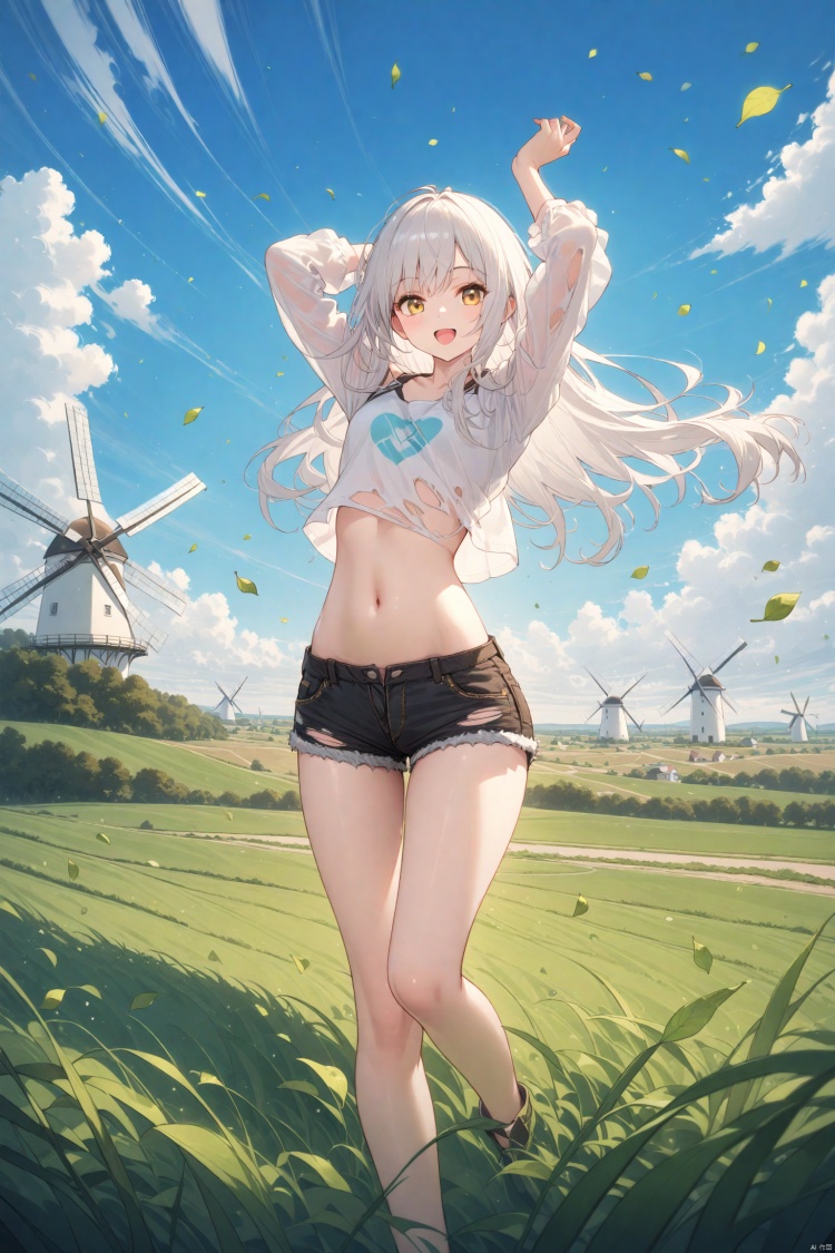 (masterpiece),(best quality),illustration,ultra detailed,hdr,Depth of field,(colorful),1girl,solo,outdoors,shorts,sky,long hair,cloud,navel,falling leaves,cutoffs,arms up,crop top,smile,grass,windmill,midriff,day,black shorts,long sleeves,floating hair,stomach,wind,blue sky,standing,open mouth,shirt,short shorts,denim,white hair,white shirt,yellow eyes,:d,torn shorts,feet out of frame,looking at viewer,denim shorts,leaf,thighs<lora:EMS-266888-EMS:0.200000>, <lora:EMS-288516-EMS:0.100000>, <lora:EMS-300688-EMS:0.200000>, <lora:EMS-301024-EMS:0.100000>, <lora:EMS-311400-EMS:0.400000>, <lora:EMS-312802-EMS:0.200000>