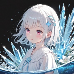 (masterpiece),(best quality),illustration,ultra detailed,hdr,Depth of field,(colorful),loli, wlop,1 girl,loli,White Dress,White short hair,braids,lily flower hair clip,upper body,cry,water,black background,Ice crystal,dappled sunlight,Suspended colorless crystal,beautiful detailed glow, (detailed ice), beautiful detailed water<lora:EMS-301024-EMS:0.100000>, <lora:EMS-311400-EMS:0.400000>, <lora:EMS-312802-EMS:0.200000>, <lora:EMS-266888-EMS:0.200000>, <lora:EMS-288516-EMS:0.100000>, <lora:EMS-300688-EMS:0.200000>