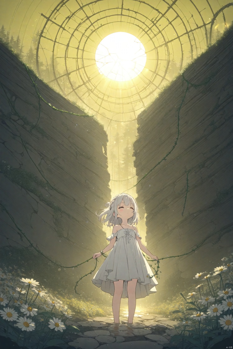 (masterpiece),(best quality),illustration,ultra detailed,hdr,Depth of field,(colorful),loli,yellow theme,the setting sun,Chamomile,Chamomile,cornflower,vines,forest,ruins,lens flare,hdr,Tyndall effect,damp,wet,1girl,bare shoulders,broken glass,broken wall,white hair,white dress,closed mouth,constel lation,flat color,braid,blinking,white robe,float,closed mouth,constel lation,flat color,looking up,standing,medium hair,standing,solo<lora:EMS-266888-EMS:0.200000>, <lora:EMS-288516-EMS:0.100000>, <lora:EMS-300688-EMS:0.200000>, <lora:EMS-301024-EMS:0.100000>, <lora:EMS-311400-EMS:0.400000>, <lora:EMS-312802-EMS:0.200000>
