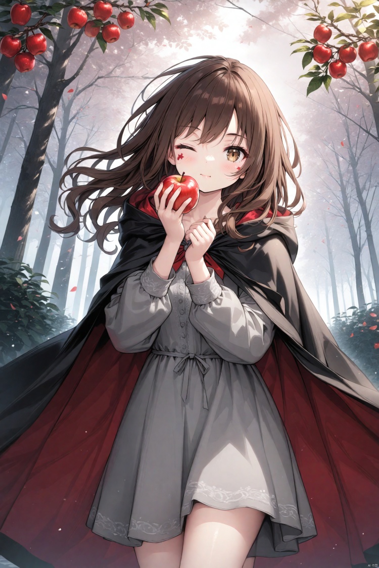 (masterpiece),(best quality),illustration,ultra detailed,hdr,Depth of field,(colorful),Artist Rta, 1girl, brown hair, fruit, food, holding, one eye closed, cloak, apple, solo, hood, dress, looking at viewer, holding fruit, hooded cape, hooded cloak, hood down, holding food, cape, brown eyes, facial tattoo, branch, wavy hair, tree, medium hair, outdoors, one-eyed, black cloak, long hair, long sleeves, closed mouth, tattoo, grey dress<lora:EMS-266888-EMS:0.200000>, <lora:EMS-288516-EMS:0.100000>, <lora:EMS-300688-EMS:0.200000>, <lora:EMS-301024-EMS:0.100000>, <lora:EMS-311400-EMS:0.400000>, <lora:EMS-312802-EMS:0.200000>