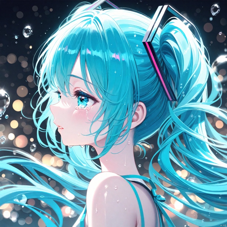 (masterpiece),(best quality),illustration,ultra detailed,hdr,Depth of field,(colorful),1girl, solo, hatsune miku, long hair, twintails, profile, blue hair, crying, tears, bubble, from side, eyelashes, blue eyes, crying with eyes open, blurry, upper body, parted lips, bangs, bokeh, portrait, close-up, water drop, aqua eyes, hair ornament, depth of field, bare shoulders, aqua hair<lora:EMS-300688-EMS:0.200000>, <lora:EMS-301024-EMS:0.100000>, <lora:EMS-311400-EMS:0.400000>, <lora:EMS-312802-EMS:0.200000>, <lora:EMS-266888-EMS:0.200000>, <lora:EMS-288516-EMS:0.100000>