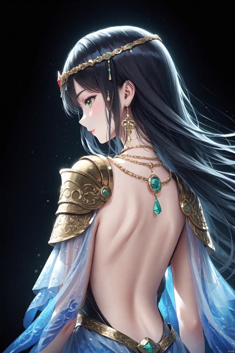 (masterpiece),(best quality),illustration,ultra detailed,hdr,Depth of field,(colorful),wlop,Thick Painting Style,1girl,solo,black_hair,long_hair,jewelry,from_behind,earrings,upper_body,back,green_eyes,shoulder_armor,gem,black_background,necklace,simple_background,pauldrons,profile,gold_chain,circlet,bare_back<lora:EMS-300688-EMS:0.200000>, <lora:EMS-301024-EMS:0.100000>, <lora:EMS-311400-EMS:0.400000>, <lora:EMS-312802-EMS:0.200000>, <lora:EMS-266888-EMS:0.200000>, <lora:EMS-288516-EMS:0.100000>