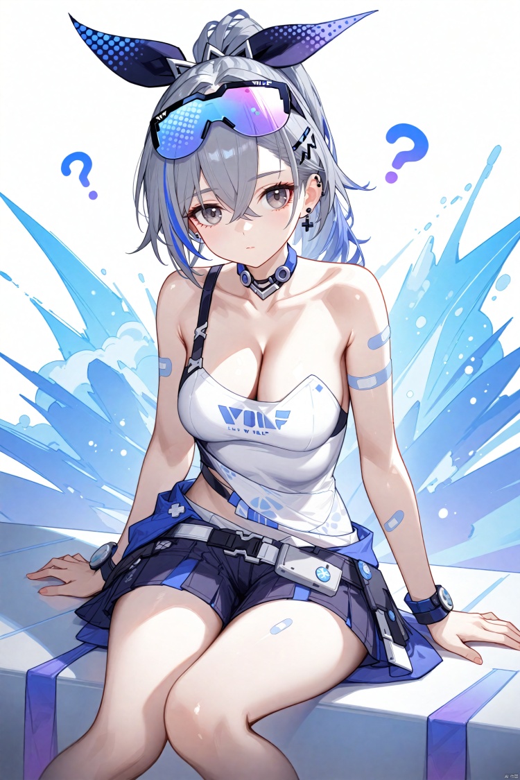 (masterpiece), (best quality), illustration, ultra detailed, hdr, Depth of field, (colorful),1girl, solo, bandaid, breasts, silver wolf (honkai: star rail), grey hair, ?, long hair, looking at viewer, grey eyes, simple background, white background, jewelry, medium breasts, collarbone, earrings, hair between eyes, cleavage, eyewear on head, goggles on head, crossed bangs, bandaid on arm, closed mouth, goggles, sitting, bare shoulders, bandaid on leg, ponytail<lora:EMS-311400-EMS:0.400000>, <lora:EMS-312802-EMS:0.200000>, <lora:EMS-266888-EMS:0.200000>, <lora:EMS-288516-EMS:0.100000>, <lora:EMS-300688-EMS:0.200000>, <lora:EMS-301024-EMS:0.100000>