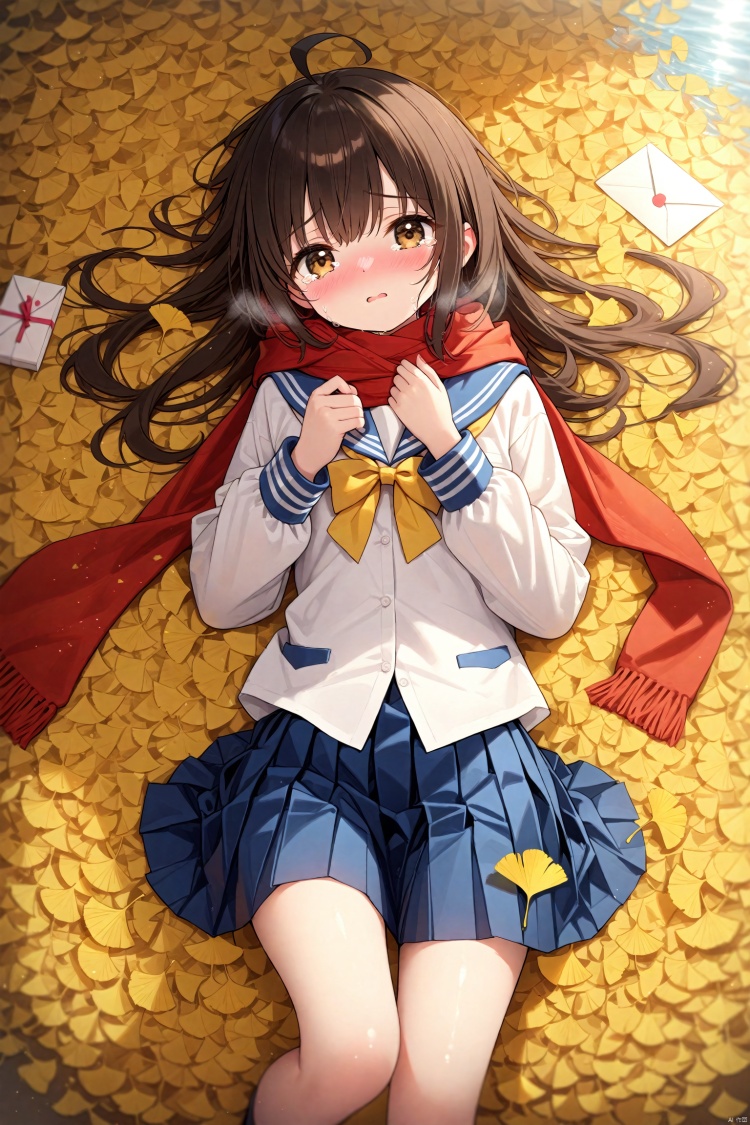 (masterpiece),(best quality),illustration,ultra detailed,hdr,Depth of field,(colorful),loli,1girl,solo,school uniform,skirt,scarf,lying,serafuku,on back,long sleeves,autumn,blue skirt,looking at viewer,sailor collar,bow,brown eyes,long hair,tears,autumn leaves,bangs,blue sailor collar,shirt,parted lips,pleated skirt,white shirt,envelope,ahoge,blurry,red scarf,black hair,crying,leaf,letter,crying with eyes open,yellow bow,outdoors,brown hair,bowtie,ginkgo leaf,from above,tearing up,blush<lora:EMS-300688-EMS:0.200000>, <lora:EMS-301024-EMS:0.100000>, <lora:EMS-311400-EMS:0.400000>, <lora:EMS-312802-EMS:0.200000>, <lora:EMS-266888-EMS:0.200000>, <lora:EMS-288516-EMS:0.100000>