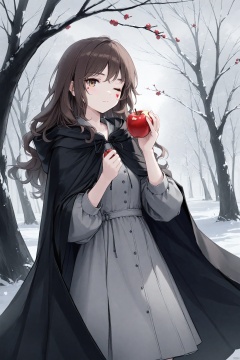 masterpiec, best quality, Artist Rta, 1girl, brown hair, fruit, food, holding, one eye closed, cloak, apple, solo, hood, dress, looking at viewer, holding fruit, hooded cape, hooded cloak, hood down, holding food, cape, brown eyes, facial tattoo, branch, wavy hair, tree, medium hair, outdoors, one-eyed, black cloak, long hair, long sleeves, closed mouth, tattoo, grey dress<lora:EMS-266888-EMS:0.200000>, <lora:EMS-288516-EMS:0.100000>, <lora:EMS-300688-EMS:0.200000>, <lora:EMS-301024-EMS:0.100000>, <lora:EMS-311400-EMS:0.400000>, <lora:EMS-312802-EMS:0.200000>