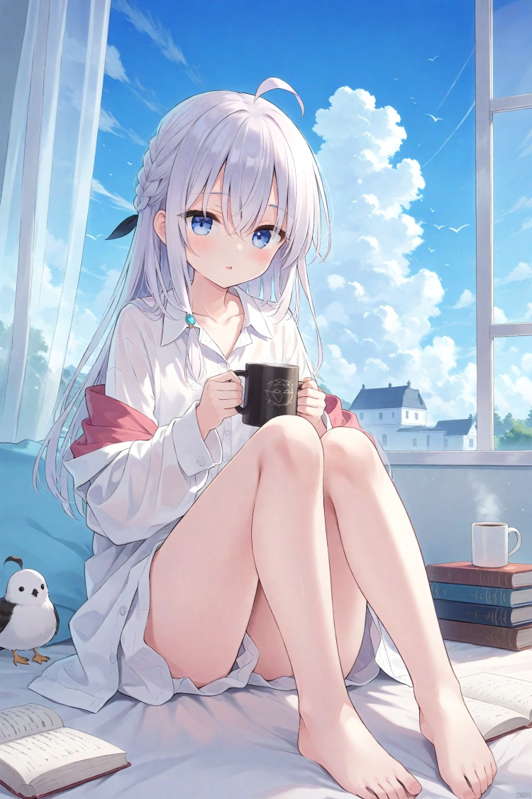 (masterpiece),(best quality),illustration,ultra detailed,hdr,Depth of field,(colorful),loli,azuuru,1girl,elaina (majo no tabitabi),solo,long hair,cup,blue eyes,shirt,holding,ahoge,bangs,sky,sitting,bird,white shirt,long sleeves,hair between eyes,collared shirt,window,mug,indoors,curtains,holding cup,knees up,cloud,collarbone,dress shirt,book,bare legs,blue sky,braid,pillow,looking at viewer,off shoulder,day,open clothes,parted lips<lora:EMS-266888-EMS:0.200000>, <lora:EMS-288516-EMS:0.100000>, <lora:EMS-300688-EMS:0.200000>, <lora:EMS-301024-EMS:0.100000>, <lora:EMS-311400-EMS:0.400000>, <lora:EMS-312802-EMS:0.200000>