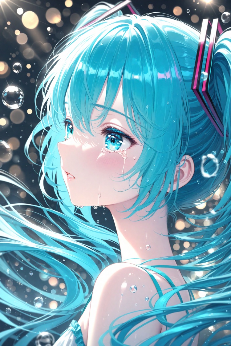 (masterpiece),(best quality),illustration,ultra detailed,hdr,Depth of field,(colorful),1girl, solo, hatsune miku, long hair, twintails, profile, blue hair, crying, tears, bubble, from side, eyelashes, blue eyes, crying with eyes open, blurry, upper body, parted lips, bangs, bokeh, portrait, close-up, water drop, aqua eyes, hair ornament, depth of field, bare shoulders, aqua hair<lora:EMS-266888-EMS:0.200000>, <lora:EMS-288516-EMS:0.100000>, <lora:EMS-300688-EMS:0.200000>, <lora:EMS-301024-EMS:0.100000>, <lora:EMS-311400-EMS:0.400000>, <lora:EMS-312802-EMS:0.200000>