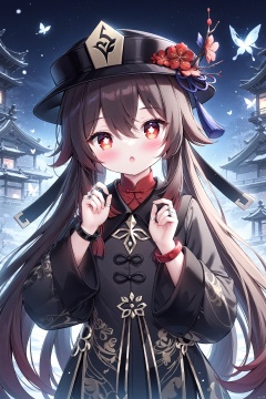 (masterpiece),(best quality),illustration,ultra detailed,hdr,Depth of field,(colorful),chen bin, 1girl, hu_tao_(genshin_impact), solo, long_hair, brown_hair, hat, long_sleeves, flower, jewelry, red_eyes, black_headwear, ring, blush, hat_flower, symbol-shaped_pupils, very_long_hair, bug, butterfly, open_mouth, hair_between_eyes, hands_up, flower-shaped_pupils, upper_body, red_flower, night, bracelet, red_shirt, chinese_clothes, shirt, looking_at_viewer, :o, coat, glowing_butterfly<lora:EMS-266888-EMS:0.200000>, <lora:EMS-288516-EMS:0.100000>, <lora:EMS-300688-EMS:0.200000>, <lora:EMS-301024-EMS:0.100000>, <lora:EMS-311400-EMS:0.400000>, <lora:EMS-312802-EMS:0.200000>