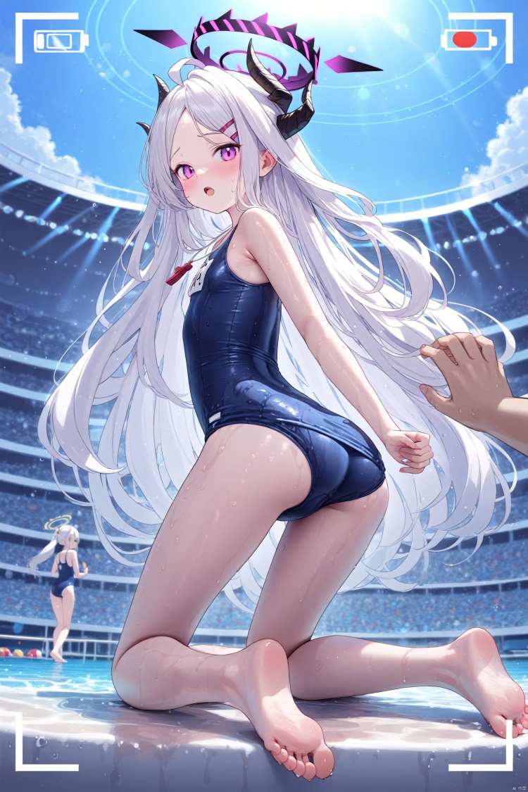 (masterpiece),(best quality),illustration,ultra detailed,hdr,Depth of field,(colorful),loli,hina (blue archive), 1girl, swimsuit, halo, long hair, ass, horns, soles, one-piece swimsuit, purple eyes, white hair, looking at viewer, solo focus, school swimsuit, hina (swimsuit) (blue archive), barefoot, feet, toes, hairclip, hair ornament, demon horns, wet, looking back, recording, blush, parted bangs, viewfinder, very long hair, bare legs, kneeling, blue one-piece swimsuit, bare arms, ahoge, blurry, from behind, bare shoulders, depth of field, 1other, open mouth, legs, whistle, small breasts<lora:EMS-266888-EMS:0.200000>, <lora:EMS-288516-EMS:0.100000>, <lora:EMS-300688-EMS:0.200000>, <lora:EMS-301024-EMS:0.100000>, <lora:EMS-311400-EMS:0.400000>, <lora:EMS-312802-EMS:0.200000>