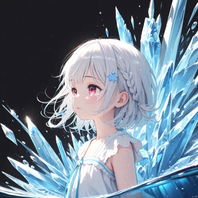 (masterpiece),(best quality),illustration,ultra detailed,hdr,Depth of field,(colorful),loli, wlop,1 girl,loli,White Dress,White short hair,braids,lily flower hair clip,upper body,cry,water,black background,Ice crystal,dappled sunlight,Suspended colorless crystal,beautiful detailed glow, (detailed ice), beautiful detailed water<lora:EMS-266888-EMS:0.200000>, <lora:EMS-288516-EMS:0.100000>, <lora:EMS-300688-EMS:0.200000>, <lora:EMS-301024-EMS:0.100000>, <lora:EMS-311400-EMS:0.400000>, <lora:EMS-312802-EMS:0.200000>