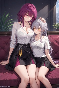 (masterpiece), (best quality), illustration, ultra detailed, hdr, Depth of field, (colorful),2girls, multiple girls, kafka (honkai: star rail), breasts, trailblazer (honkai: star rail), stelle (honkai: star rail), cleavage, purple hair, large breasts, grey hair, smile, shirt, yellow eyes, white shirt, purple eyes, sitting, long hair, skirt, collarbone, jewelry, yuri, short sleeves, black skirt, closed mouth, necklace, thighs, hand on another's head, indoors, underwear, alternate costume, patreon username, lap pillow<lora:EMS-311400-EMS:0.400000>, <lora:EMS-312802-EMS:0.200000>, <lora:EMS-266888-EMS:0.200000>, <lora:EMS-288516-EMS:0.100000>, <lora:EMS-300688-EMS:0.200000>, <lora:EMS-301024-EMS:0.100000>