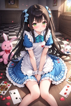 (masterpiece),(best quality),illustration,ultra detailed,hdr,Depth of field,(colorful),loli, 1girl, long hair, green eyes, checkered floor, stuffed toy, stuffed animal, solo, dress, black hair, bow, hair bow, playing card, card, stuffed bunny, petals, looking at viewer, blush, wrist cuffs, blue dress, apron, short sleeves, heart, frills, sitting, bangs<lora:EMS-266888-EMS:0.200000>, <lora:EMS-288516-EMS:0.100000>, <lora:EMS-300688-EMS:0.200000>, <lora:EMS-301024-EMS:0.100000>, <lora:EMS-311400-EMS:0.400000>, <lora:EMS-312802-EMS:0.200000>
