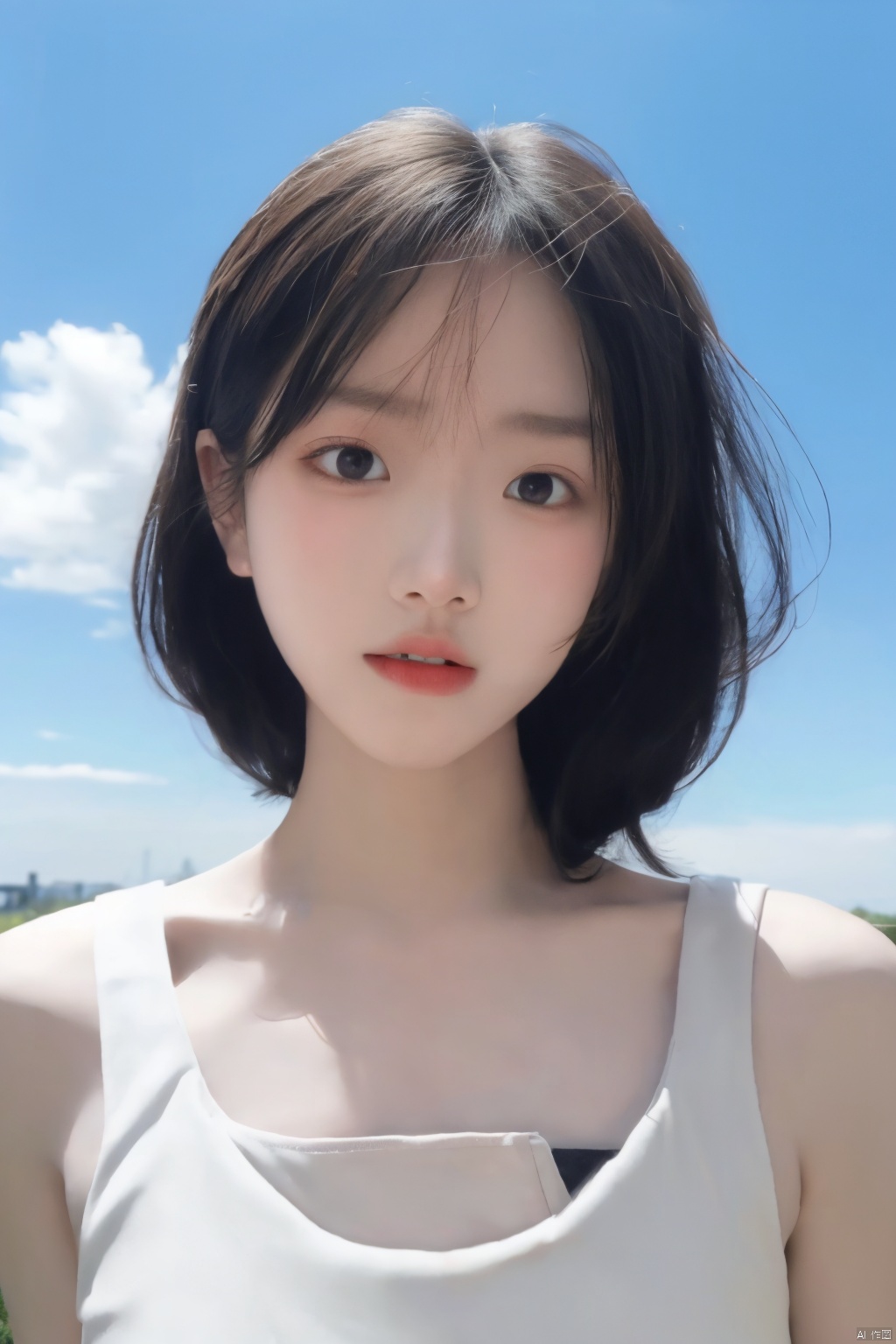  portrait,1girl, flat chest,lips,sky,clouds,blurry_background