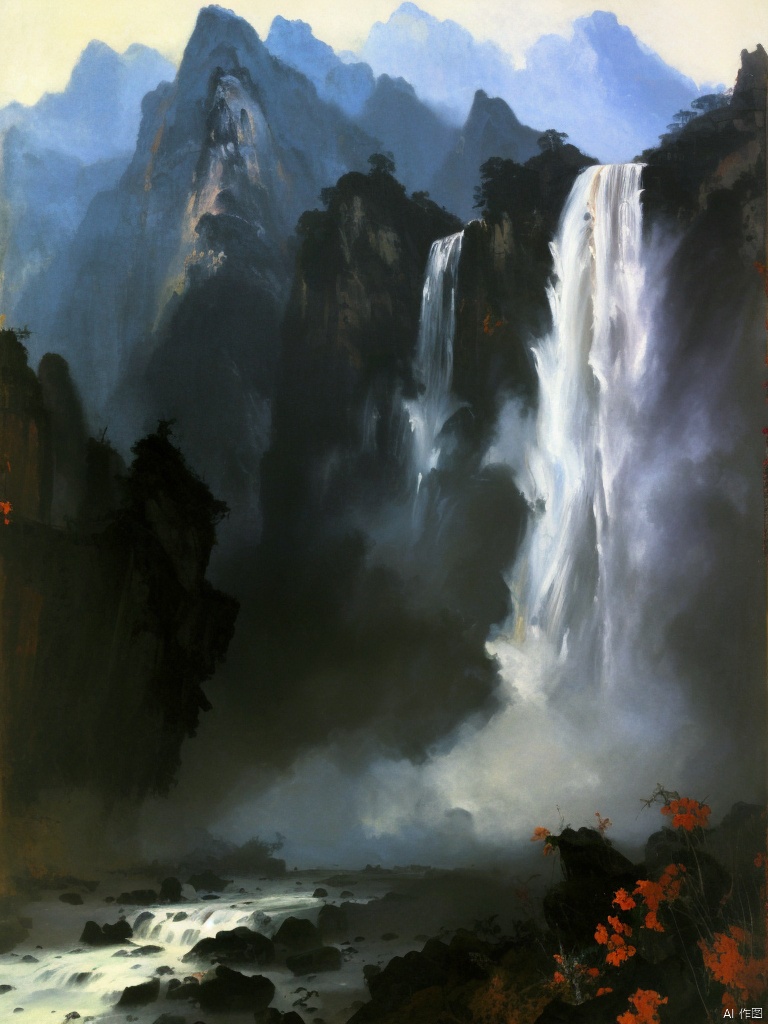 
The waterfall in the mountain, as if flowing down from the clouds, the hazy clouds on the top of the mountain, the hazy mist, the dense trees on the mountain, stand under the waterfall, look up, (Jeremy Mann's painting: 1.3). emotion, harmony, vignette, 4k epic detail, epic, gorgeous, chinese landscape, waterfall in the mountains, flowing down from the clouds, hazy clouds at the top of the mountain, hazy mist, dense mountains, standing under the waterfall, looking up, (Jeremy Mann's painting: 1.3), elegant, highly detailed, professional romantic composition, systematic, beautiful, lush, impressive