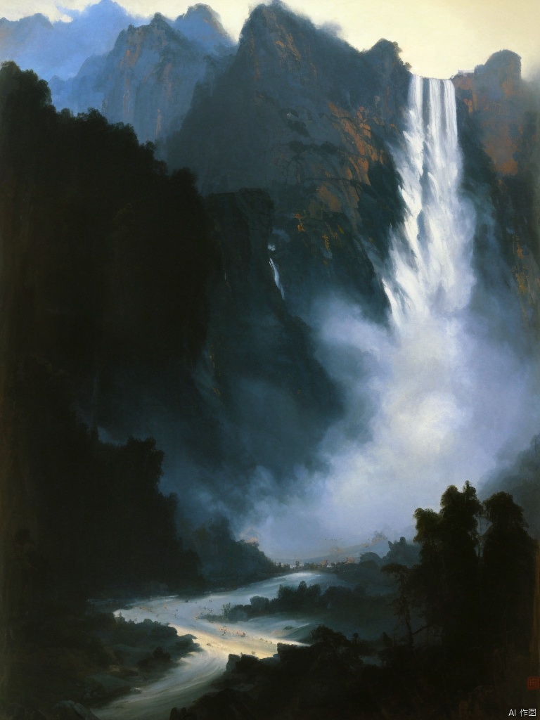 
The waterfall in the mountain, as if flowing down from the clouds, the hazy clouds on the top of the mountain, the hazy mist, the dense trees on the mountain, stand under the waterfall, look up, (Jeremy Mann's painting: 1.3). emotion, harmony, vignette, 4k epic detail, epic, gorgeous, chinese landscape, waterfall in the mountains, flowing down from the clouds, hazy clouds at the top of the mountain, hazy mist, dense mountains, standing under the waterfall, looking up, (Jeremy Mann's painting: 1.3), elegant, highly detailed, professional romantic composition, systematic, beautiful, lush, impressive