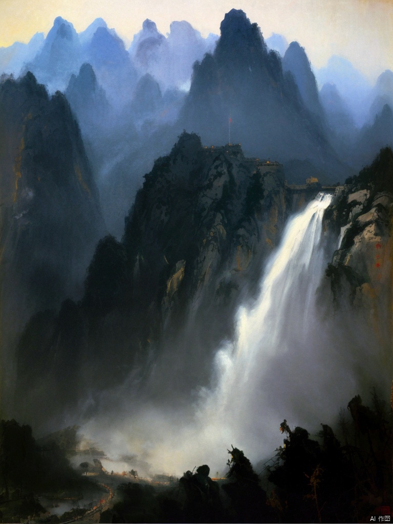 
The waterfall in the mountain, as if flowing down from the clouds, the hazy clouds on the top of the mountain, the hazy mist, the dense trees on the mountain, stand under the waterfall, look up, (Jeremy Mann's painting: 1.3). emotion, harmony, vignette, 4k epic detail, epic, gorgeous, chinese landscape, waterfall in the mountains, flowing down from the clouds, hazy clouds at the top of the mountain, hazy mist, dense mountains, standing under the waterfall, looking up, (Jeremy Mann's painting: 1.3), elegant, highly detailed, professional romantic composition, systematic, beautiful, lush, impressive