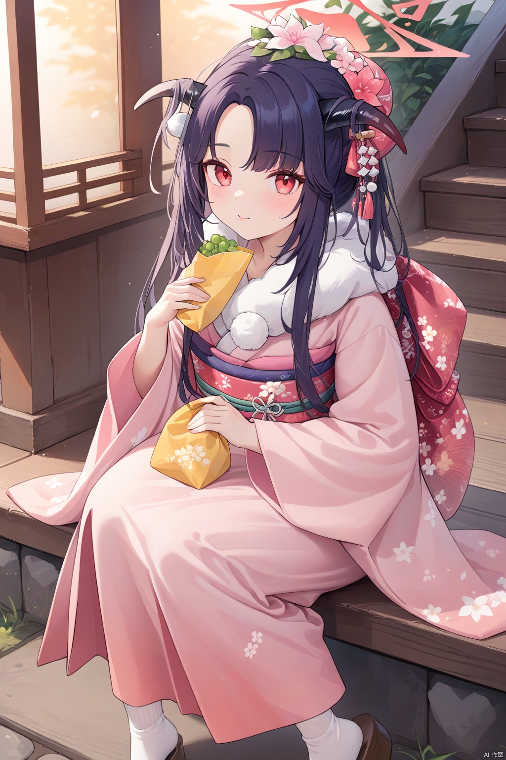  1girl,(masterpiece:1.3),( beautiful:1.2),(high quality:1.2),(finely detailed:1.2),extremely detailed CG unity 8k wallpaper,best quality,a very delicate and beautiful,perfect fingers,(one cute girl at the center:1.2),
 long hair,  bangs,black hair, hair ornament, red eyes, long sleeves, holding, jewelry, flower, japanese clothes, horns, socks, hair flower, wide sleeves, kimono, necklace,  bag, hair bun, official alternate costume, parted bangs, sash, halo, obi, floral print, sandals, single hair bun, white socks, pink flower, tabi, holding bag, pink kimono,fuukaKimono,fuukaBA, sitting,stairs,