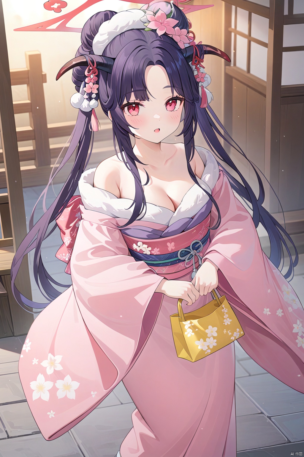  1girl,(masterpiece:1.3),( beautiful:1.2),(high quality:1.2),(finely detailed:1.2),extremely detailed CG unity 8k wallpaper,best quality,a very delicate and beautiful,perfect fingers,(one cute girl at the center:1.2),
 long hair, breasts, bangs,black hair, hair ornament, red eyes, long sleeves, holding, cleavage, jewelry, flower, japanese clothes, horns, socks, hair flower, wide sleeves, kimono, necklace, off shoulder, bag, hair bun, official alternate costume, parted bangs, sash, halo, obi, floral print, sandals, single hair bun, white socks, pink flower, tabi, holding bag, pink kimono,fuukaKimono,fuukaBA, fuukaBA