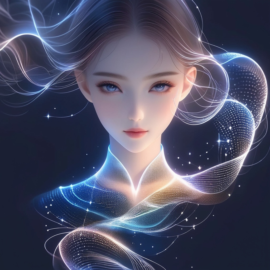 1girl minimalist hologram,  long hair glowing,  line glowing surrounds the body on a simple background on Tensor.Art