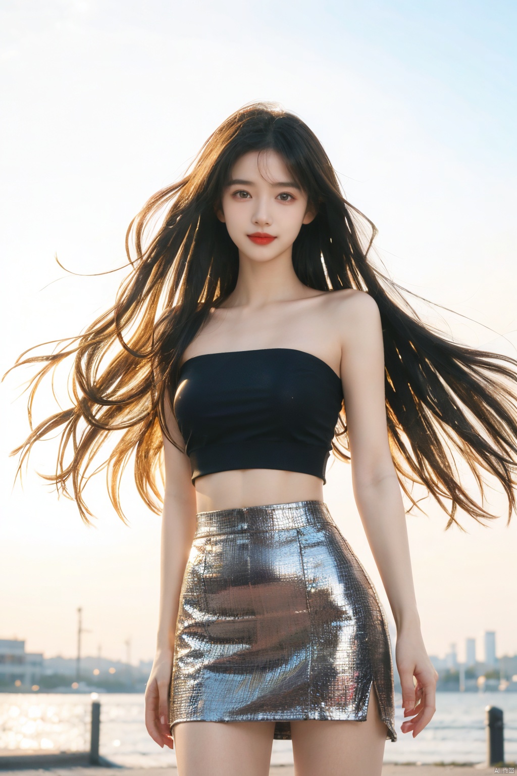  masterpiece,8K,best quality,1girl,smile,navel,long hair,breasts,solo,looking at viewer,midriff,realistic,blurry background,blurry,medium breasts,**** top,pencil_skirt,teeth,crop top,brown eyes,red lips,black hair,long hair,massive hair,light behind hair,hair in front,her hair rested on her shoulders,sun behind,slim hip,float hair,floating hair,flying hair,hair blown by the wind,white clouds behind,the broken hair in the front,messy shaggy hair,dust blown by the wind,mist in front,best quality,ultra high res,ice magic,light particles,sparkle,backlighting,loli,little girl,(child:0.5),13yo,rubber mesh clothes,(black and vibrant ruby red color),art by agnes cecile and agostino arrivabene and alberto dros,drawing,freeform,swirling patterns,doodle art style,little girl,black miniskirt,Leather clothes,Strapless,